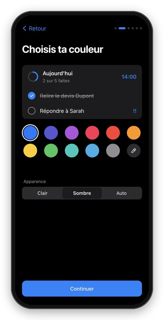 Choosing an accent color, with a live preview
