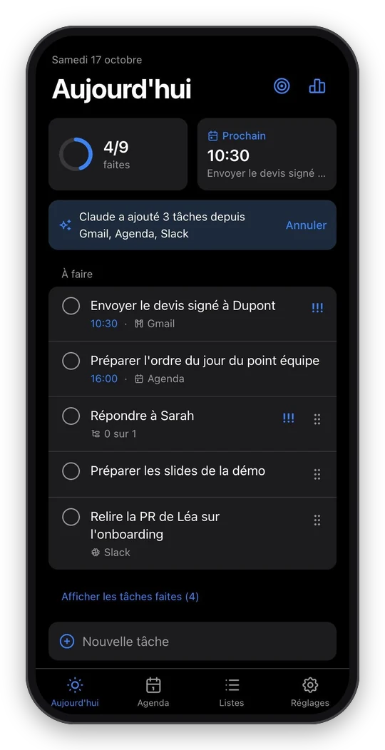 Taskly's Today screen: progress ring, next appointment and the three tasks Claude added from Gmail, Slack and the calendar